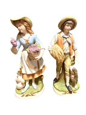 Vintage Homeco Porcelain Farmer & Farm Girl Figurines Set With Ducks & Dog